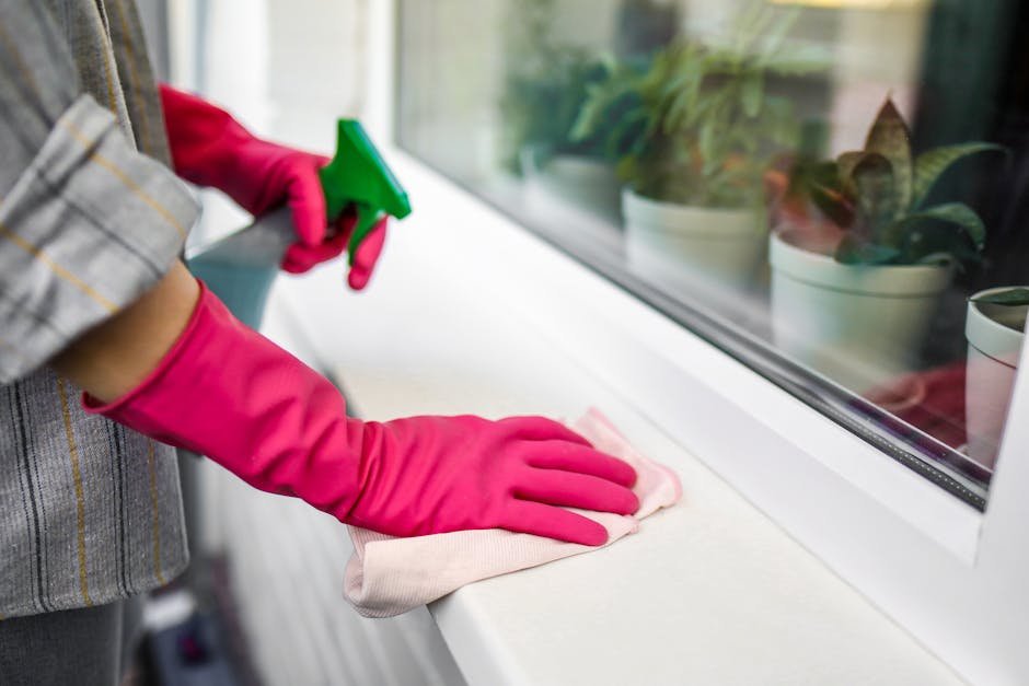 Home Close-up of hands in pink gloves using spray bottle and cloth indoors.